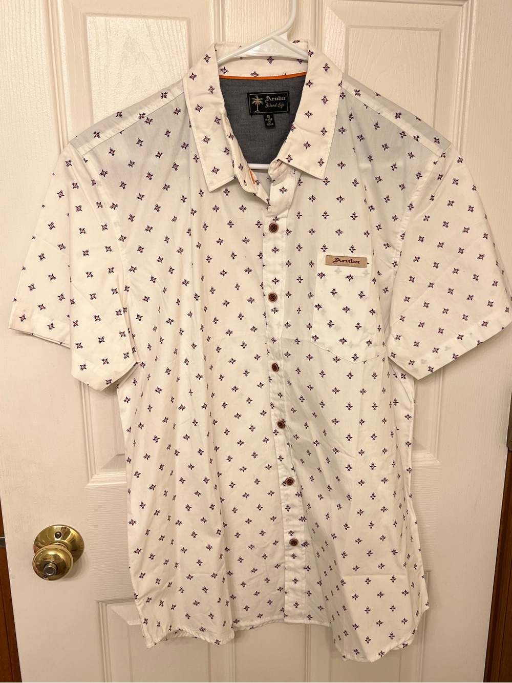 Short-Sleeve White Shirt with Navy Microprint